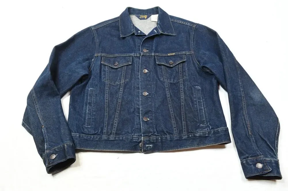 Vintage Wrangler Denim Trucker Jacket Mens 46 Blue 14oz Denim Button-Front USA